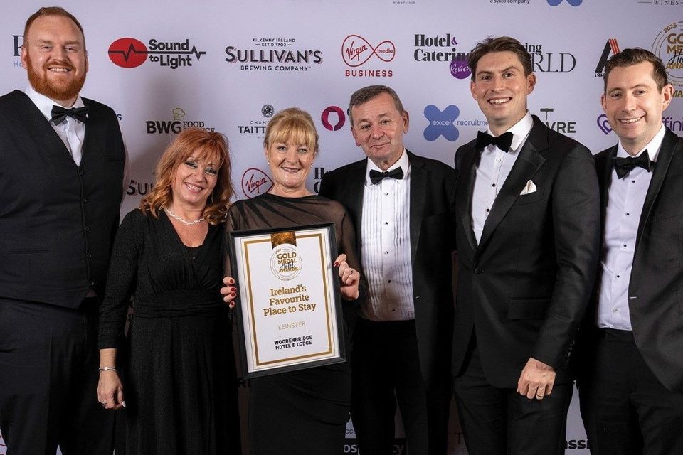 Pa Hughes, Ines Kottnig, Gillian O'Brien, Lorcan O'Brien and Joseph and Mark Scott Lennon from the Woodenbridge Hotel & Lodge celebrate winning ‘Ireland’s Favourite Place to Stay – Leinster’ at the 36th Gold Medal Awards. Photo: Paul Sherwood